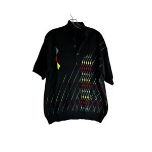 Vintage Tuscan Italy Mens Black Knit Polo Shirt Abstract Geometric Pattern L